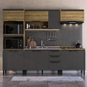 Cozinha Modulada 5 Peças 2 Aéreos 2 Balcões 1 Torre Quente Magnólia Mel/Grafite