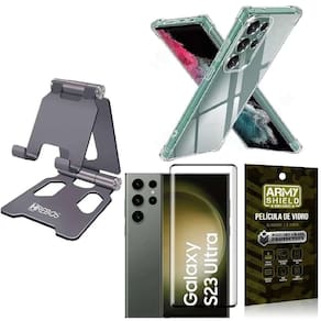 Kit suporte mesa + capinha antishock samsung m14 + película vidro 3d armyshield + suporte 360 - hrebos cinza