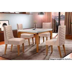 Sala de Jantar Completa Londrina c/ Tampo Madeirado c/ Vidro 120x80cm e 4 Cadeiras Dafne Imbuia/Suede Creme Pérola - Rufato
