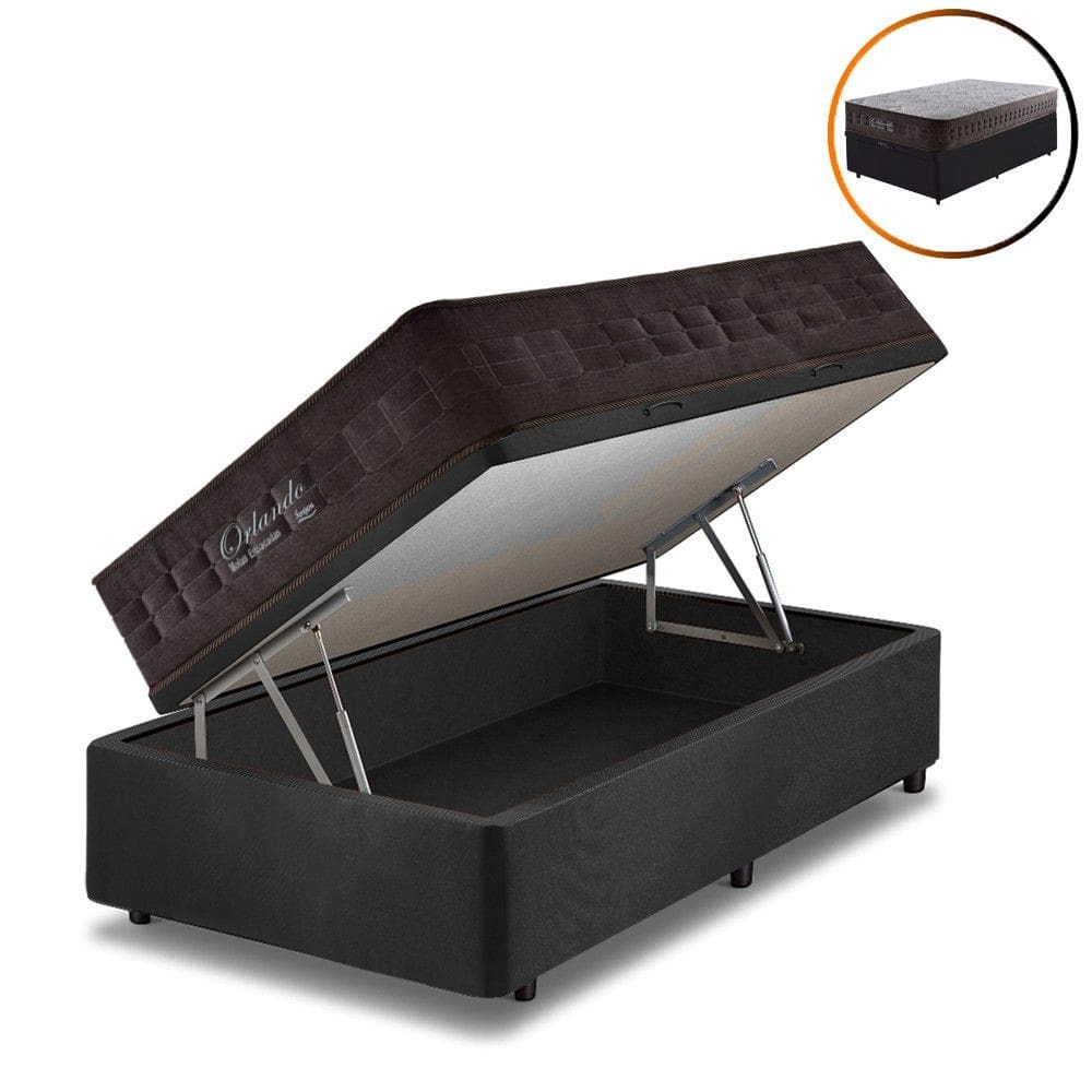 Cama Box Solteiro King Baú Preto + Colchão Molas Ensacadas Orlando 96x203x72cm