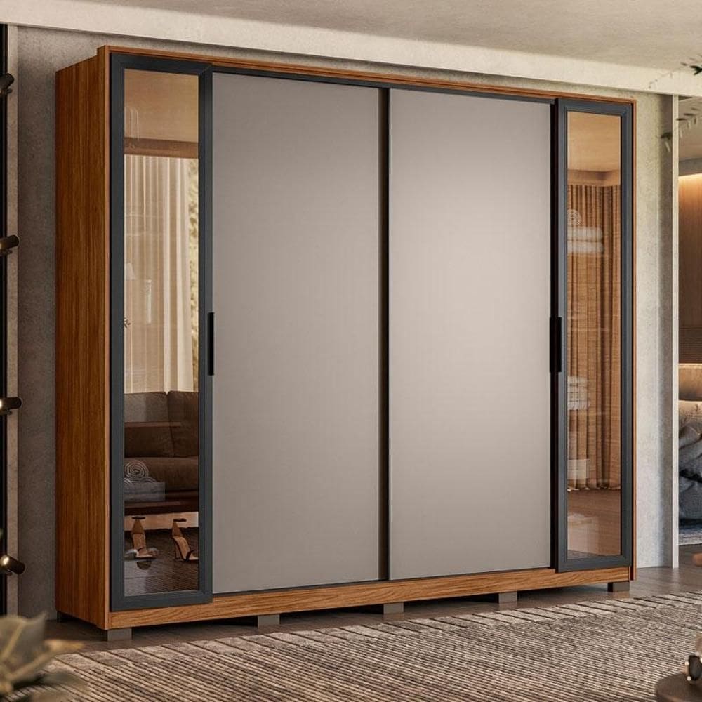 Guarda Roupa Casal Laredo Ambiente Nogueira Nude Prime TX Flex com Vidro Reflecta e Pés Demóbile - Demartêz