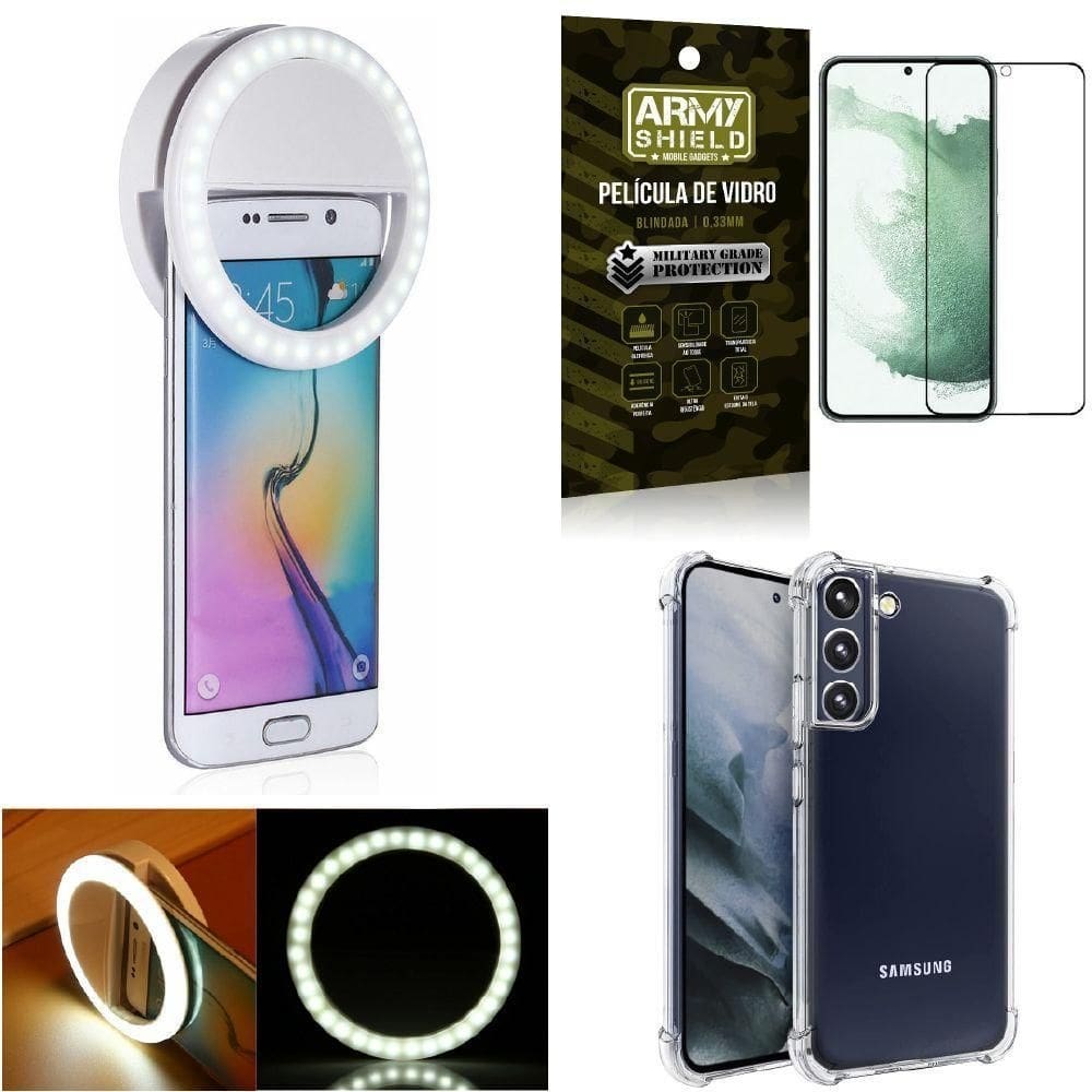 Capinha samsung s22 plus + flash ring + película vidro 3d