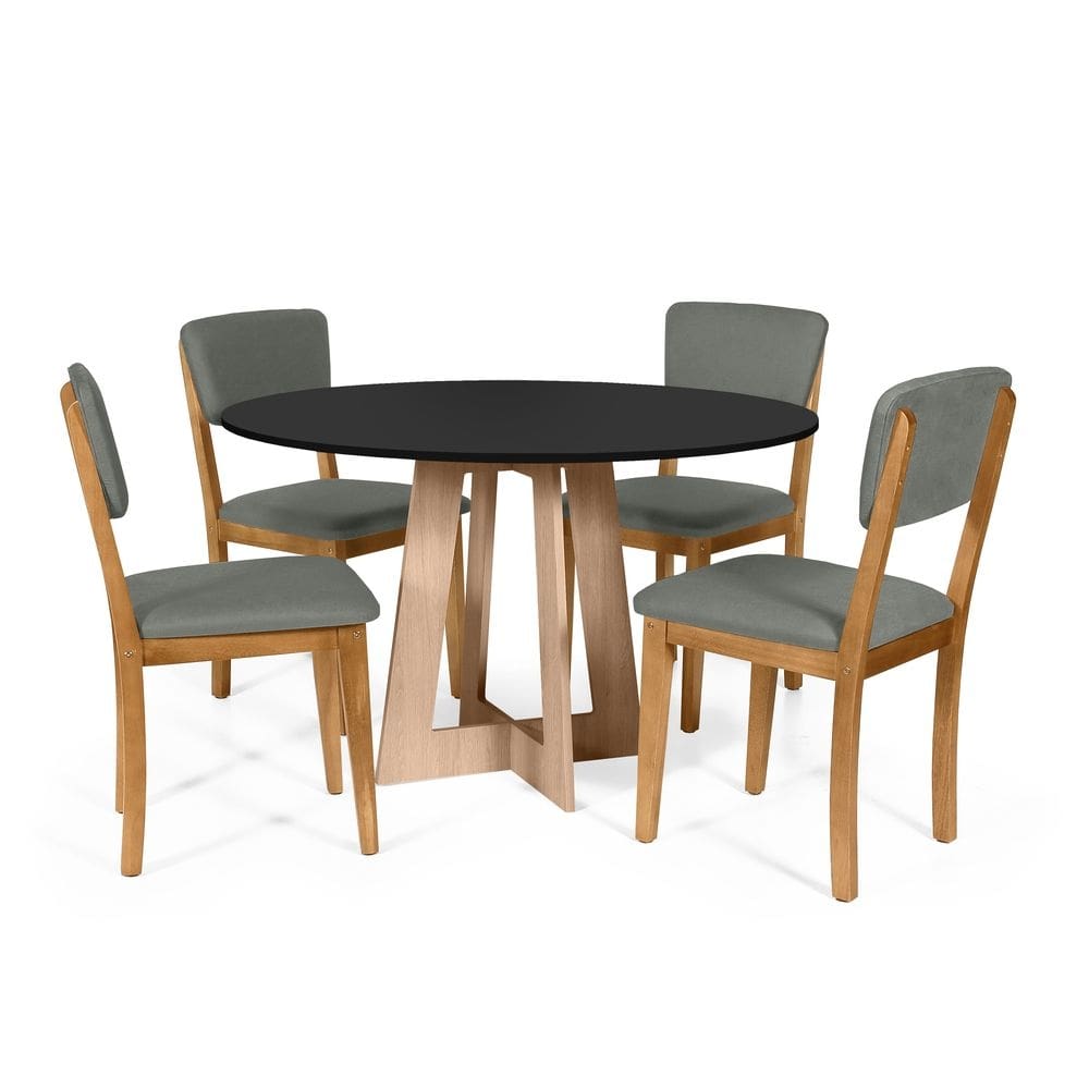 Mesa de Jantar Redonda Montreal Pret/Jade com 4 Cadeiras Estofadas Ella Cinza