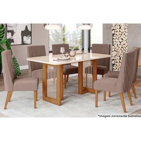 Sala de Jantar Completa Yara c/ Tampo Madeirado c/ Vidro Curvo 160x90cm e 6 Cadeiras Eloa Nature/Veludo Light Marrom Amêndoa - Henn
