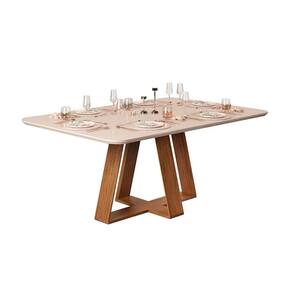 Mesa de Sala Jantar Celeste c/Tampo Madeirado Vidro Curvo 160x90cm Freijó/Off White - DJ Móveis