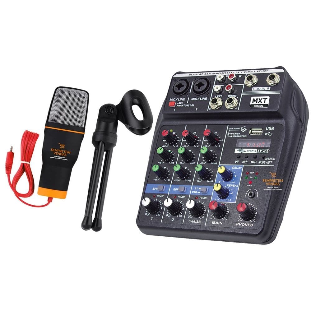 Kit Mesa de Som 4 Canais e Microfone de Mesa Pro Condensador