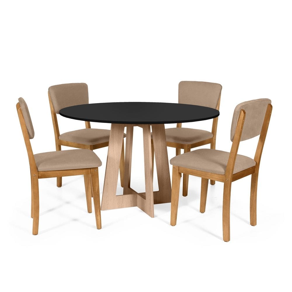 Mesa de Jantar Redonda Montreal Pret/Jade com 4 Cadeiras Estofadas Ella Marrom Claro