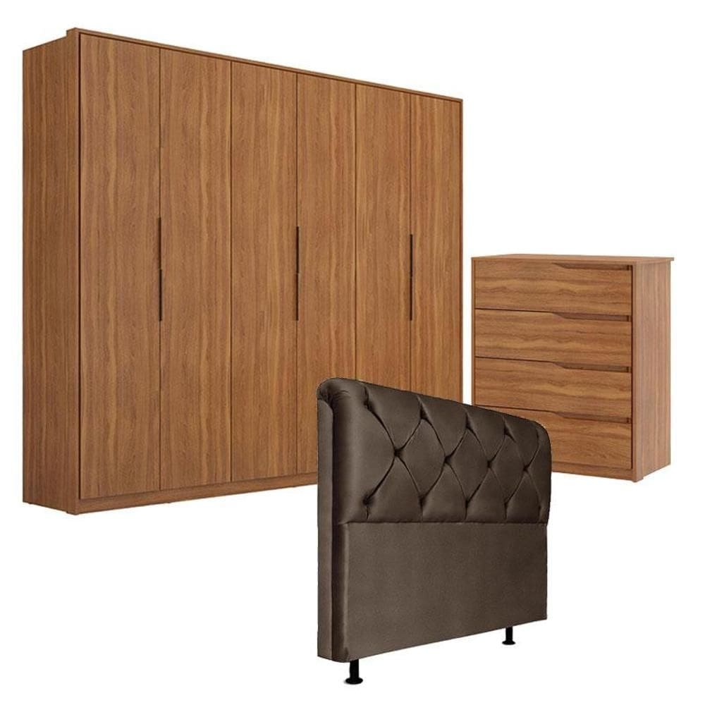 Guarda Roupa Atrice 6 Portas e Cômoda Atria Amêndola com Cabeceira Daiana 160 cm Marrom – Demartêz