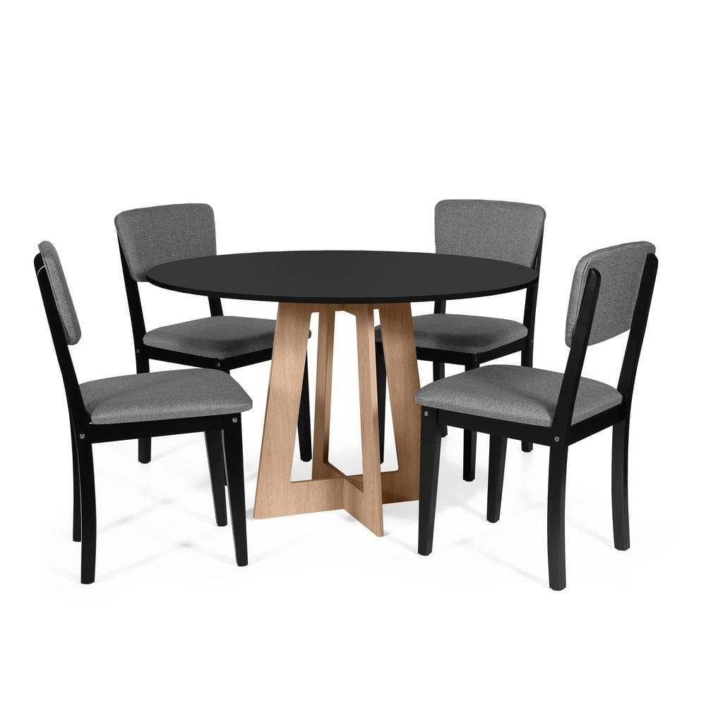 Mesa de Jantar Redonda Montreal Pret/Jade com 4 Cadeiras Estofadas Ella Preto/Cinza Escuro