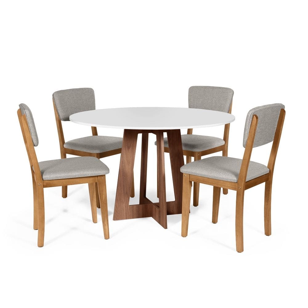 Mesa de Jantar Redonda Montreal Bran/Nor com 4 Cadeiras Estofadas Ella Cinza Claro