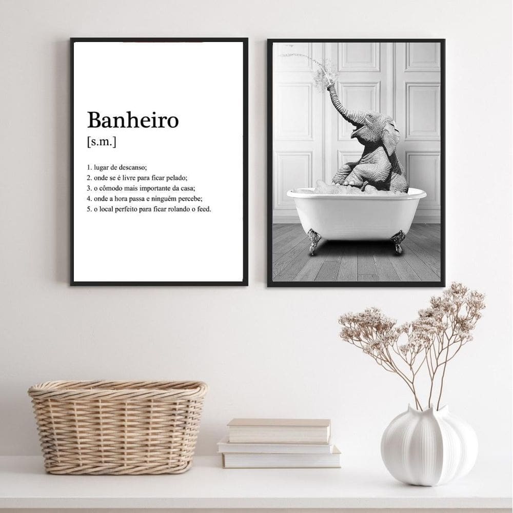 Kit 2 Quadros Divertidos Banheiro - Elefante 24X18Cm