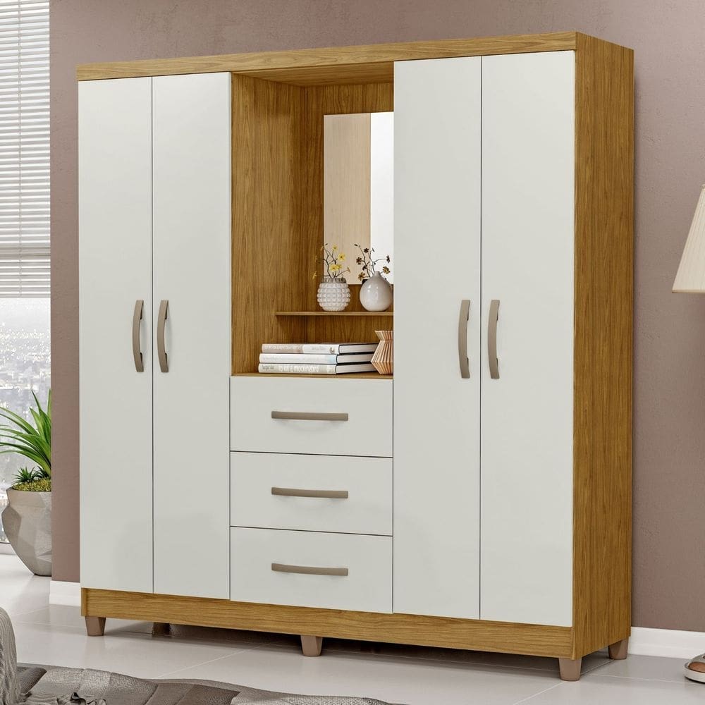 Guarda Roupa Casal 4 portas 3 gavetas Espelho 160cm Marrocos