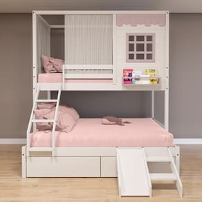 Beliche Casinha Reta Casal/ Solteiro com 02 Gavetas Escorregador e Cortina Madeira Maciça Branco/ Rosa Housin