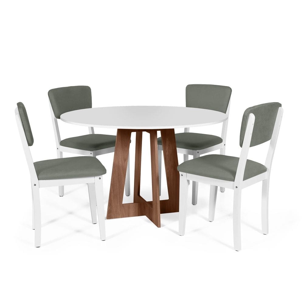 Mesa de Jantar Redonda Montreal Bran/Nor com 4 Cadeiras Estofadas Ella Branco/Cinza