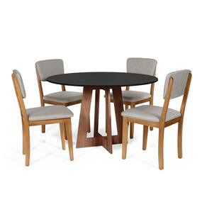 Mesa de Jantar Redonda Montreal Pret/Nor com 4 Cadeiras Estofadas Ella Cinza Claro