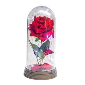 Luminária a rosa encantada vermelha 20 cm base ouro frio