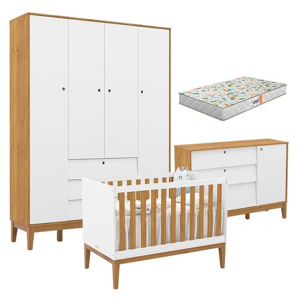 Quarto de Bebe Unique 4 Portas com Cômoda Sapateira Branco Soft Freijó Eco Wood e Colchão Gazin - Matic