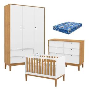 Quarto de Bebe Unique 3 Portas com Cômoda 6 Gavetas Branco Soft Freijó Eco Wood e Colchão Ortobom - Matic
