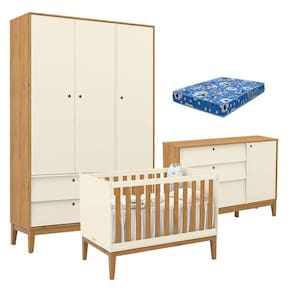 Quarto de Bebe Unique 3 Portas com Cômoda Sapateira Off White Freijó Eco Wood e Colchão Ortobom - Matic