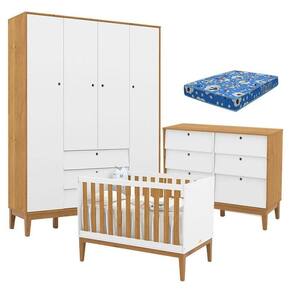 Quarto de Bebe Unique 4 Portas com Cômoda 6 Gavetas Branco Soft Freijó Eco Wood e Colchão Ortobom - Matic