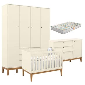 Quarto de Bebe Unique 4 Portas com Cômoda Sapateira Off White Eco Wood e Colchão Gazin - Matic