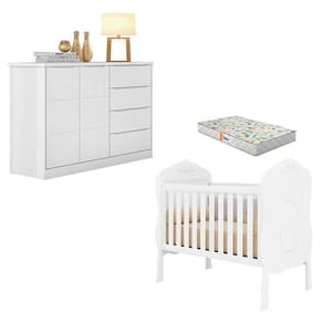 Berço Americano Realeza e Cômoda Infantil Blenda Branco Acetinado com Colchão Gazin - Phoenix Baby