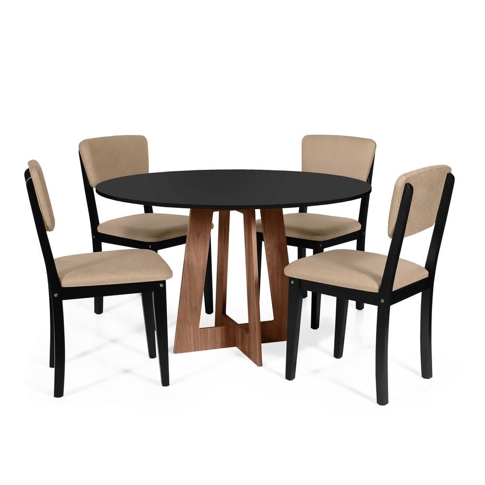 Mesa de Jantar Redonda Montreal Pret/Nor com 4 Cadeiras Estofadas Ella Preto/Bege