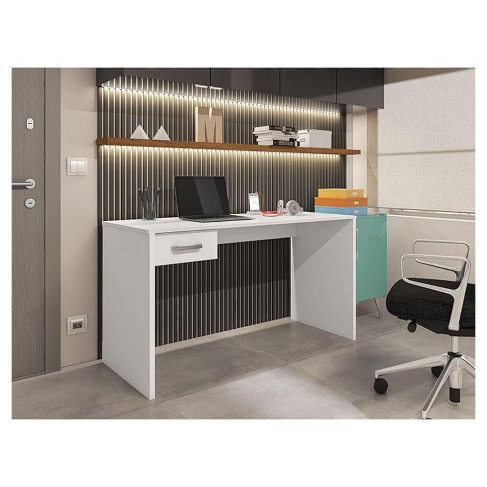 Mesa para Computador Ambiente Gávea com Gaveta Branco Trama - Móveis Leão