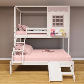 Beliche Casinha Reta Casal/ Solteiro com Escorregador Madeira Maciça Branco/ Rosa Housin