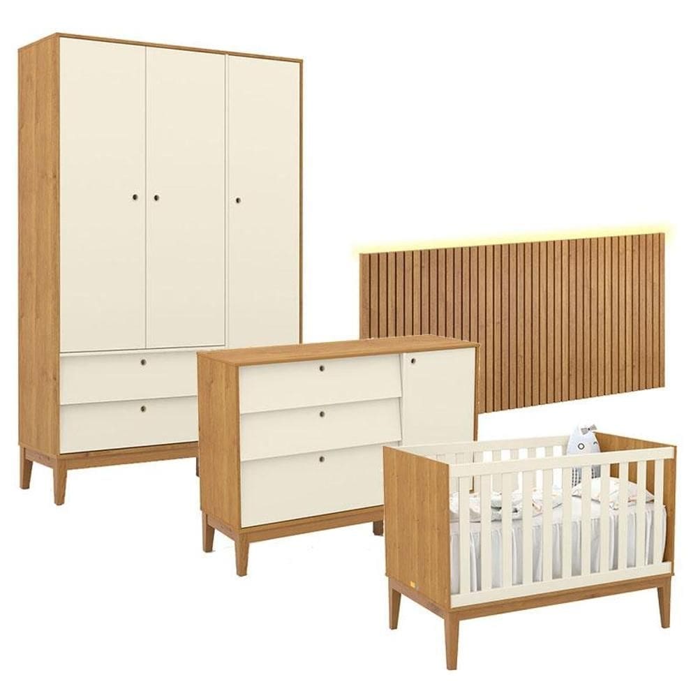 Quarto de Bebê Unique 3 Portas com Cômoda Sapateira e Painel Ripado com Led Freijó Off White Eco Wood - Matic
