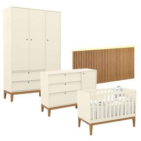 Quarto de Bebê Unique 3 Portas com Cômoda Sapateira e Painel Ripado com Led Off White Eco Wood - Matic