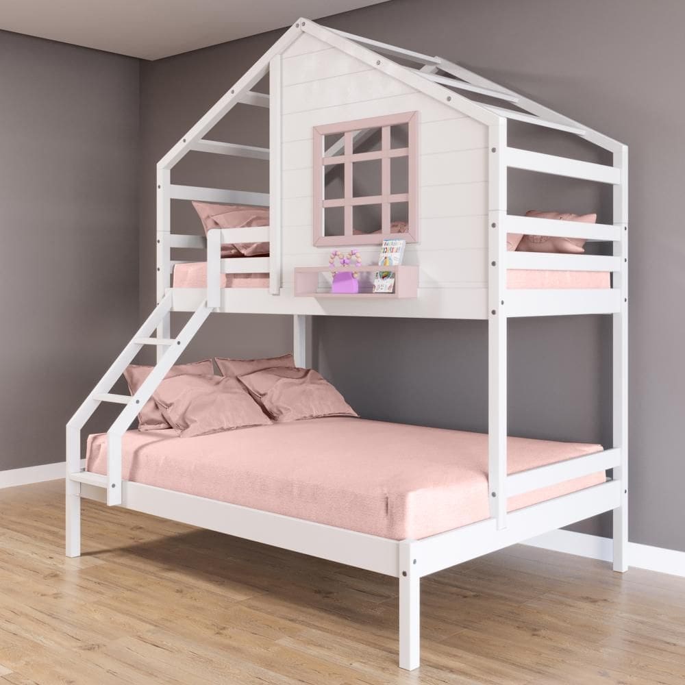 Beliche Casinha com Janela Casal/Solteiro Madeira Maciça Branco/ Rosa Housin