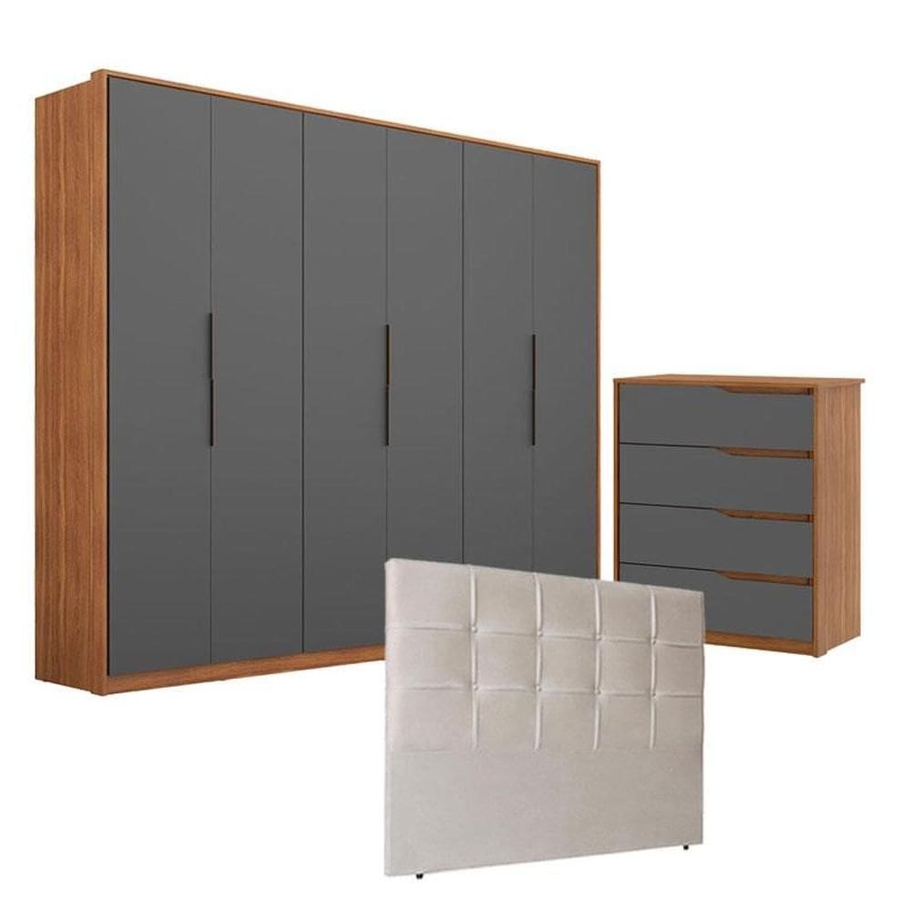 Guarda Roupa 6 Portas Atrice e Cômoda Atria Amêndola Grafito com Cabeceira Luiza 140 cm Marfim – Demartêz
