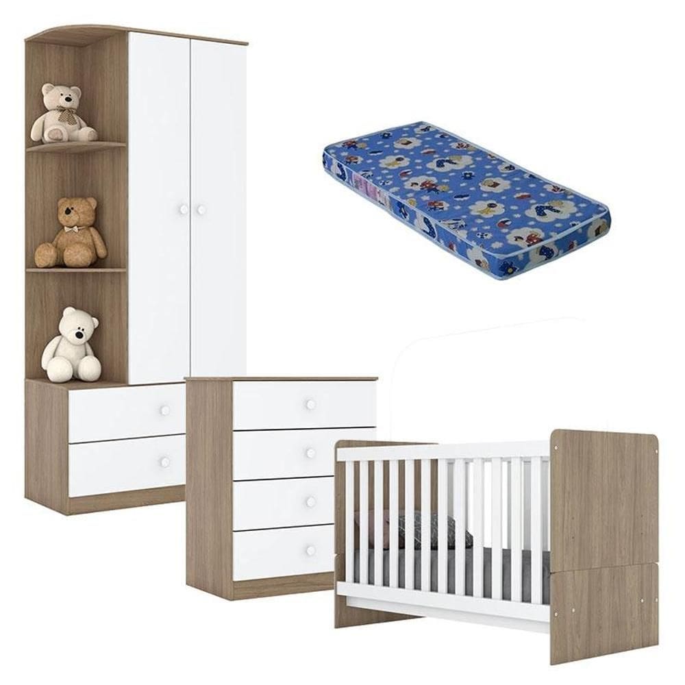 Quarto de Bebê Labirinto Rústico Branco Brilho com Colchão Ortobom - Henn