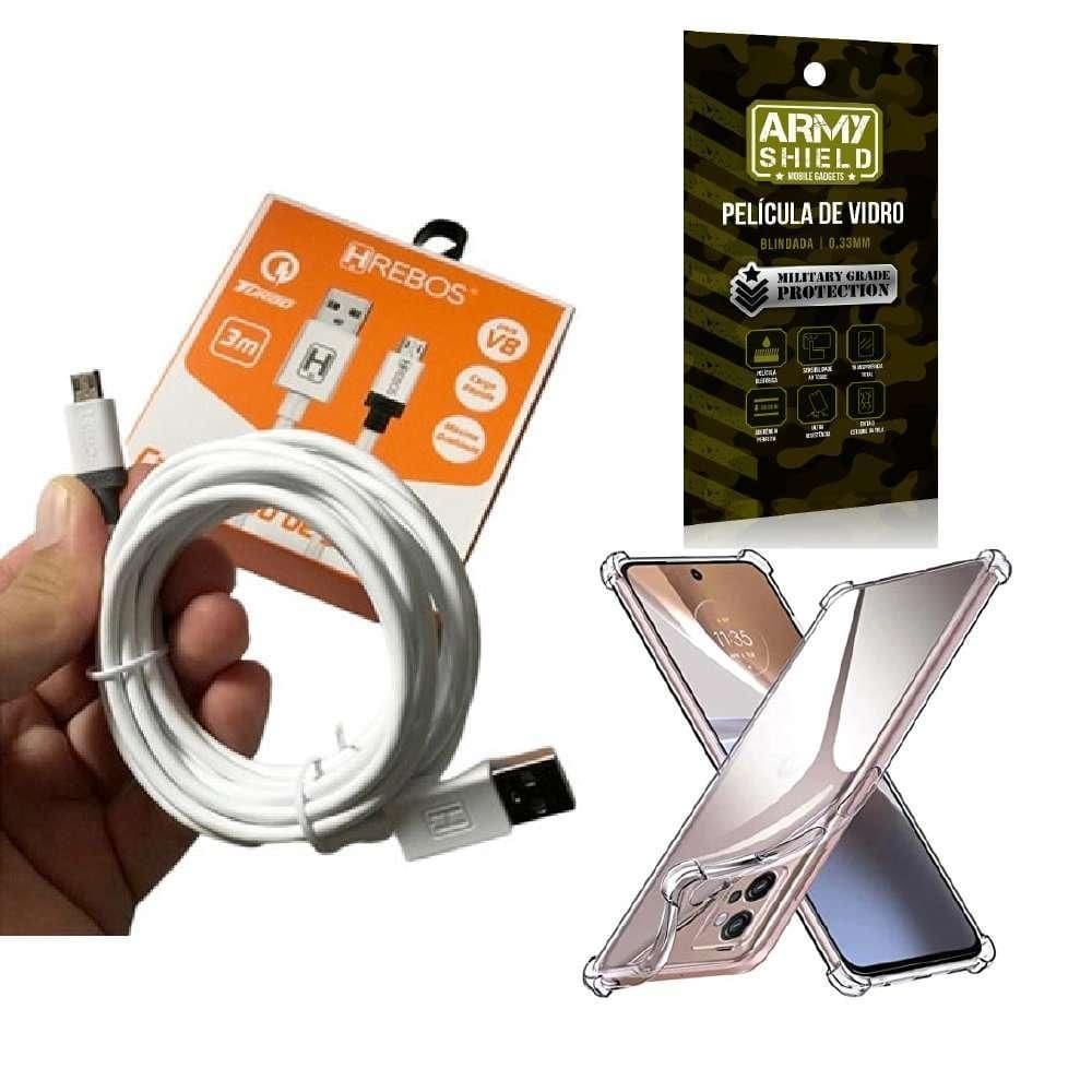 Kit capinha motorola e22 com cabo turbo e película de vidro