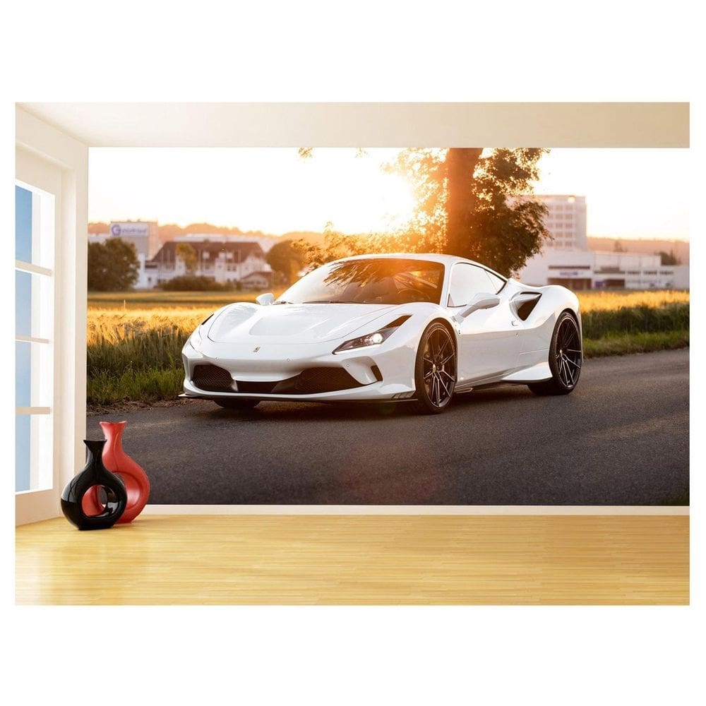 Papel De Parede 3D Carro Ferrari Branca Pista 3,5M Car161