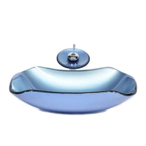 Cuba vidro abaulada 51cm azul + válvula + torneira cascata