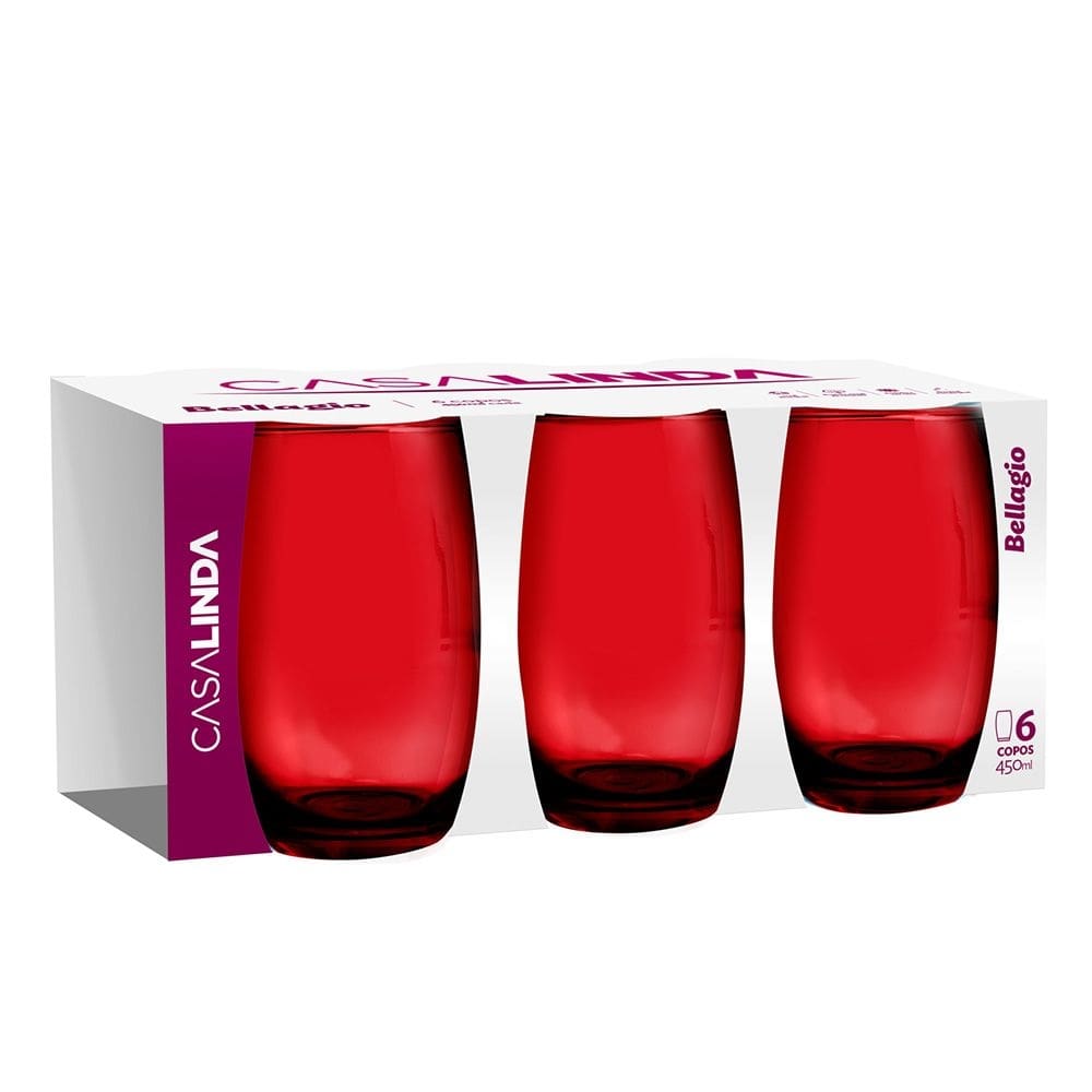 Kit 3 Jogos Copos Vidro Bellagio Vermelho Colorido 450ml