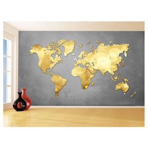 Papel De Parede 3D Mapa Mundi Concreto Dourado 3,5M Nmu59