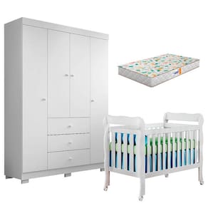 Berço Americano Lila e Guarda Roupa Duda 4 Portas Branco Brilho com Colchão Gazin - Phoenix Baby