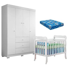 Berço Americano Lila e Guarda Roupa Duda 4 Portas Branco Brilho com Colchão Ortobom - Phoenix Baby