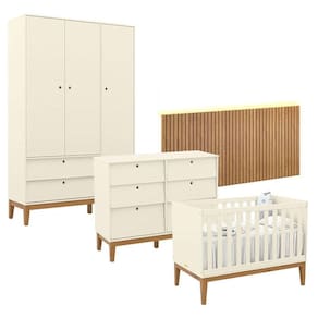 Quarto de Bebê Unique 3 Portas com Cômoda 6 Gavetas e Painel Ripado com Led Off White Eco Wood - Matic