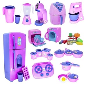 Kit cozinha infantil rosa geladeira air fryer legumes 38pç