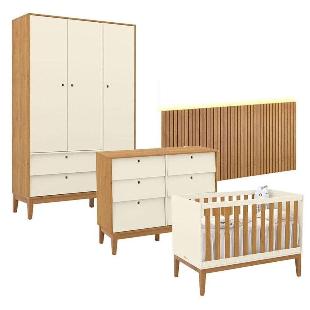 Quarto de Bebê Unique 3 Portas com Cômoda 6 Gavetas e Painel Ripado com Led Off White Freijó Eco Wood - Matic