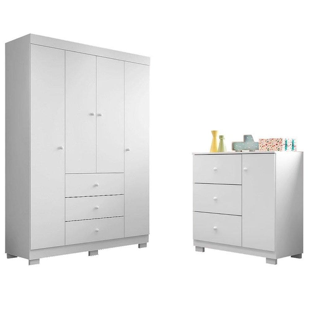 Cômoda Infantil com Guarda Roupa 4 Portas Duda Branco Brilho - Phoenix Baby