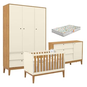 Quarto de Bebe Unique 3 Portas com Cômoda Sapateira Off White Freijó Eco Wood e Colchão Gazin - Matic