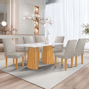 Mesa de Jantar 6 Lugares Stella Canela com Vidro Ripado Cinamomo/Off White/Bege Claro - Cel Móveis