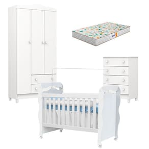 Quarto de Bebê Mel Flat e Berço Americano New Nanda Branco Brilho com Colchão Gazin - Carolina