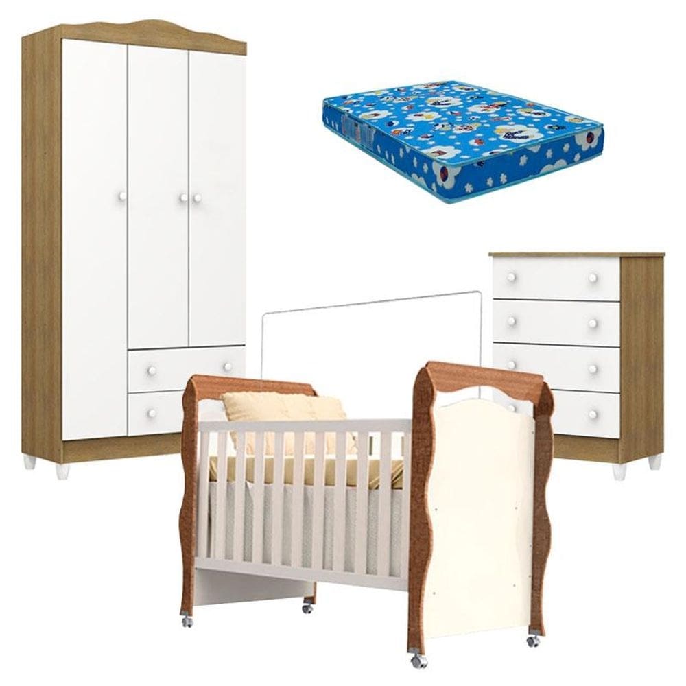 Quarto de Bebê Mel Flat e Berço Americano New Nanda Branco Acetinado Amadeirado com Colchão Ortobom - Carolina