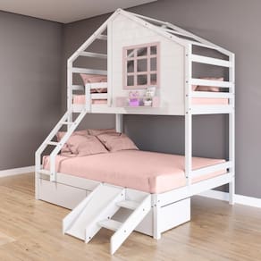 Beliche Casinha com Janela Casal/Solteiro com 02 Gavetas e Kit Escada/Escorregador Madeira Maciça Branco/ Rosa Housin